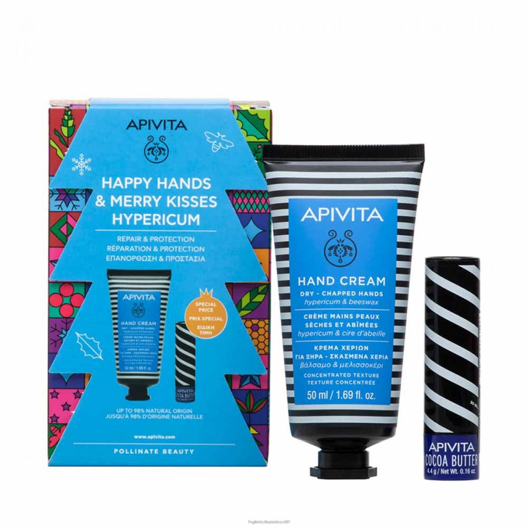 APIVITA - COFANETTO CREMA MANI PER MANI SECCHE E SCREPOLATE + BALSAMO LABBRA CON BURRO DI CACAO SPF 20